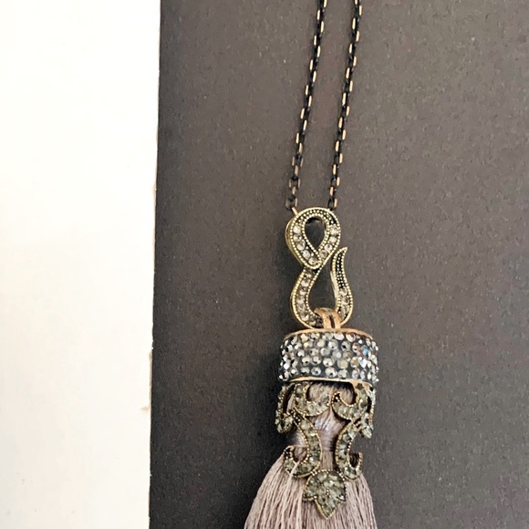 Long shiny gray silk tassel pendant with beautiful rhinestoned metal cap & chain - Picture 8 of 15